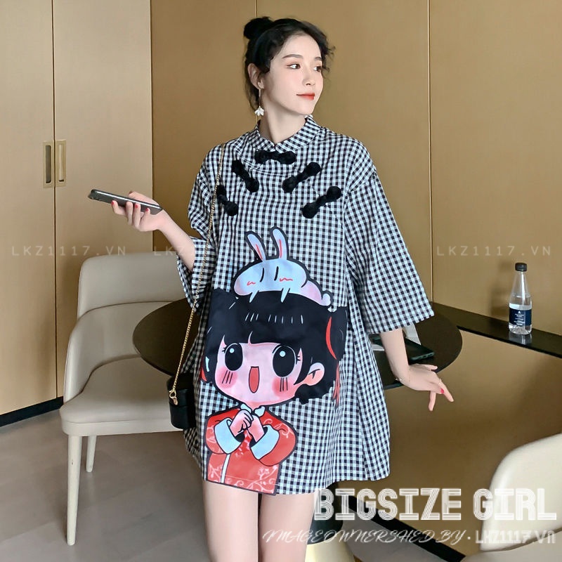 Đầm sườn xám cách tân dáng suông Bigsize Váy nữ kẻ sọc caro tay ngắn cổ đứng mùa hè Phong cách Hàn Quốc Thời Trang tiểu thư cá tính xinh đẹp cho người mập béo