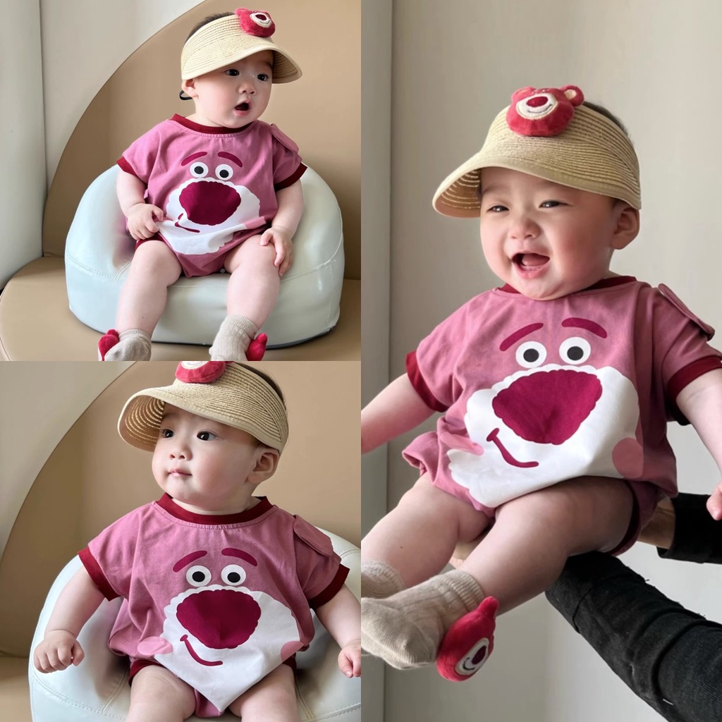 Áo Liền Quần Tay Ngắn Chất Liệu 100% Cotton Thoáng Khí In Họa Tiết Trái Dâu Dễ Thương Thời Trang Mùa Hè Cho Bé Từ 0-2