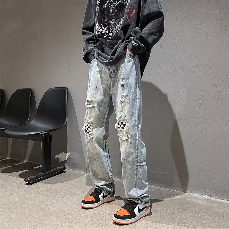 Quần Jeans Dài Ống Đứng Họa Tiết Caro Phong Cách Đường Phố Hip Hop Thời Trang Mùa Hè Cho Nam