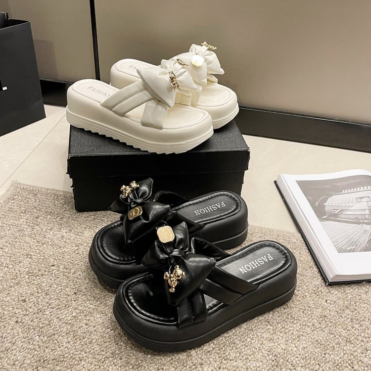 Dép Quai Ngang Đế Dày Đính Nơ Thời Trang Mùa Hè Hàn Quốc 2023