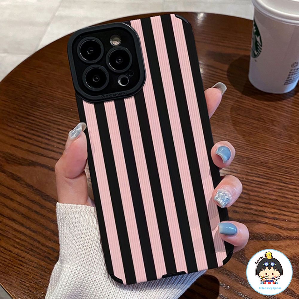 Ốp Điện Thoại Da Giả + TPU Kẻ Sọc Màu Hồng Thời Trang Cho IPhone 14 13 12 11 Pro Max X XR 8 7 Plus SE