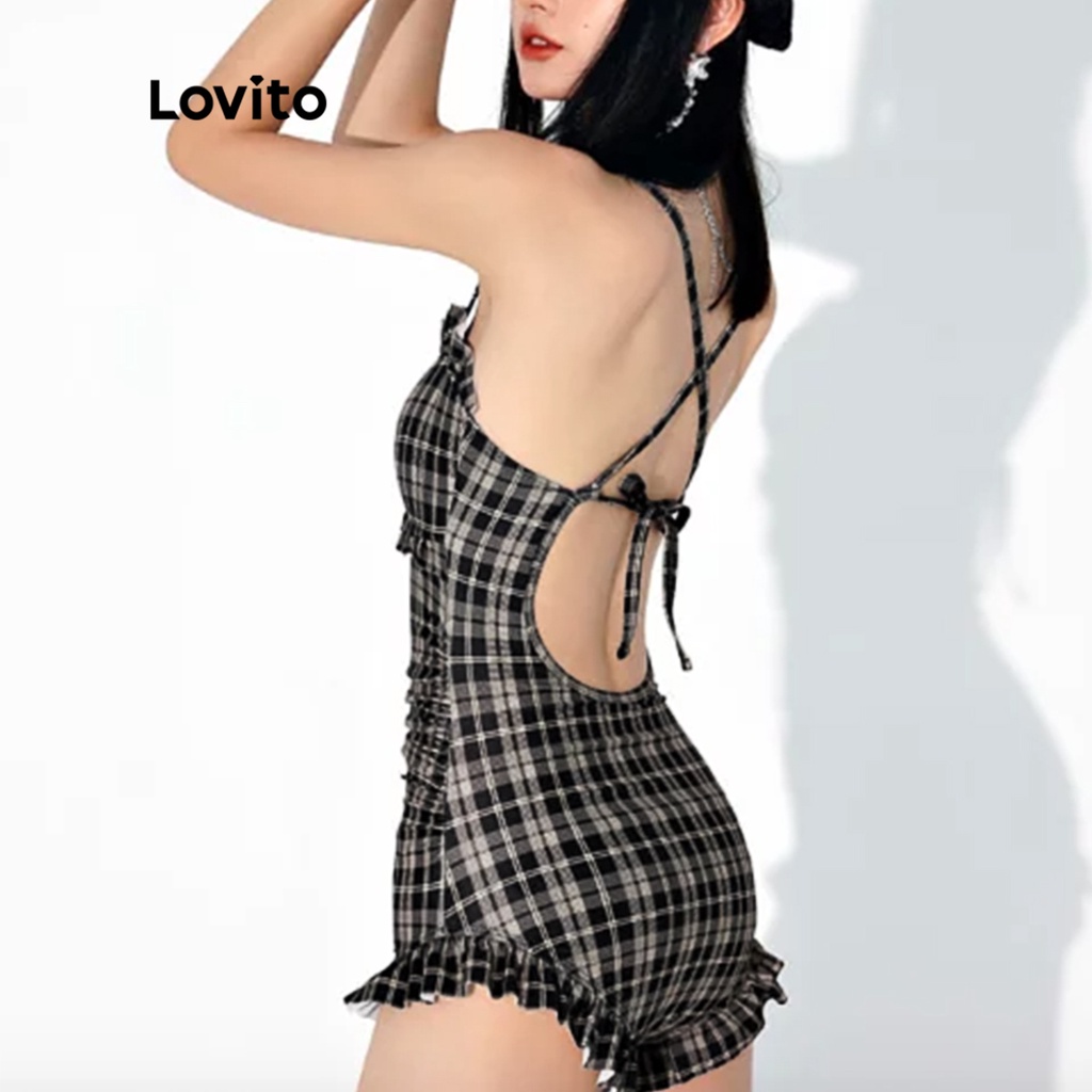 Đồ bơi một mảnh Lovito cắt xẻ kẻ sọc viền nhún bèo dễ thương buộc dây miếng đệm tháo rời được cho nữ L50AD007 (đen)