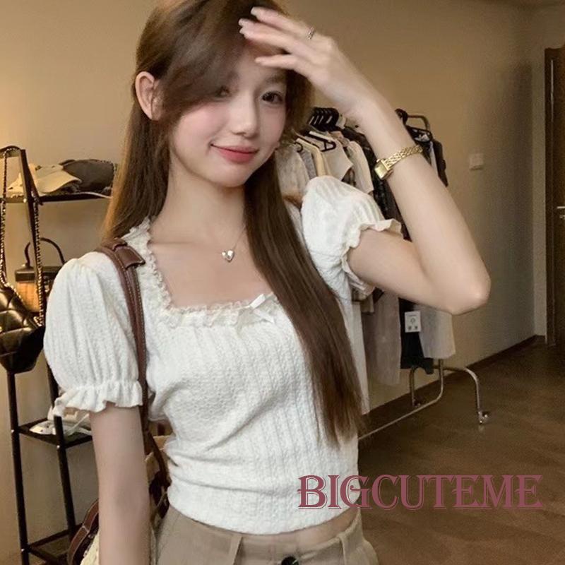 Áo Croptop Cổ Vuông Tay Ngắn Phồng Phối Ren Thời Trang Mùa Hè Phong Cách Hàn Quốc Cho Nữ