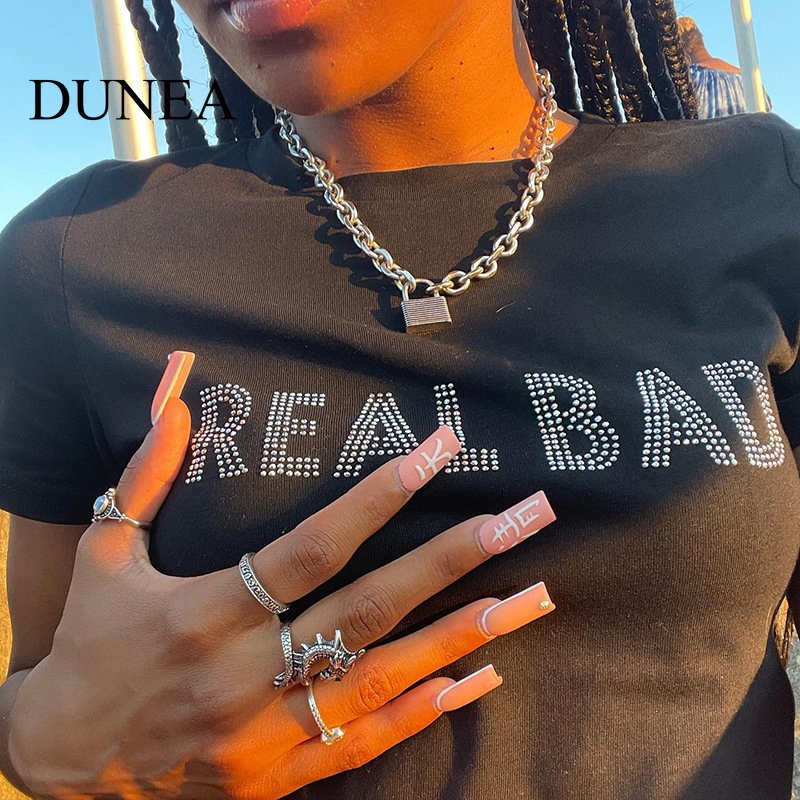 DUNEA Áo Thun Tay Ngắn Cổ Tròn In Chữ Đính Kim Tuyến Lấp Lánh Thời Trang Cho Nữ