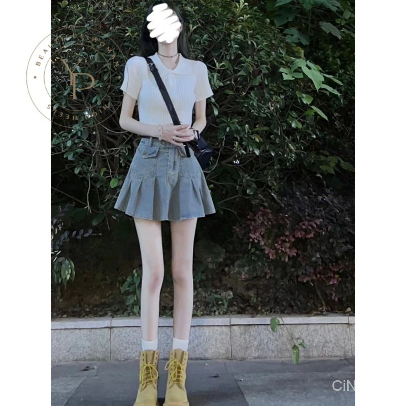 Set Áo Và Chân Váy Denim Phong Cách Hong Kong Ngọt Ngào Cho Nữ