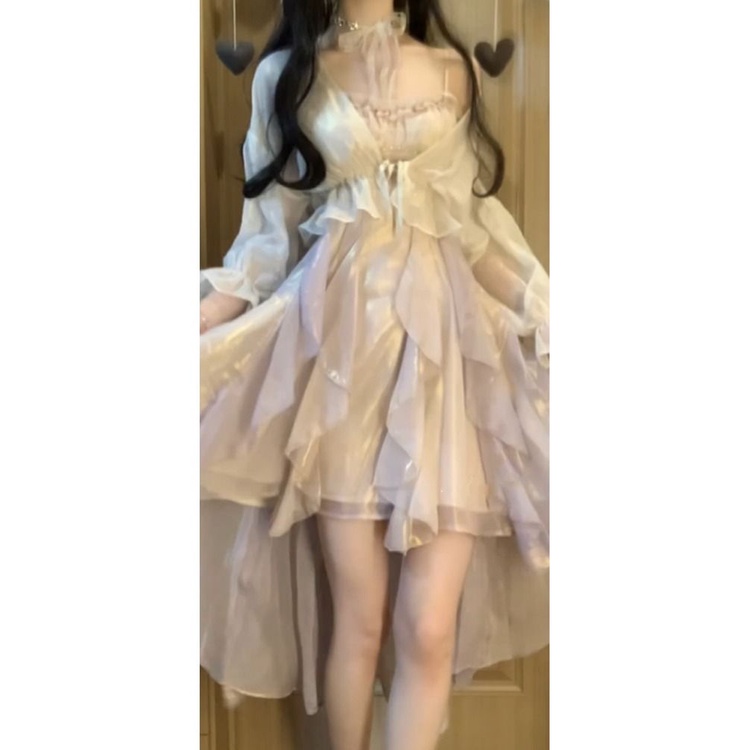 Đầm Hai Dây Dáng Ngắn Phối Bèo Màu Gradient Phong Cách Pháp LH2R