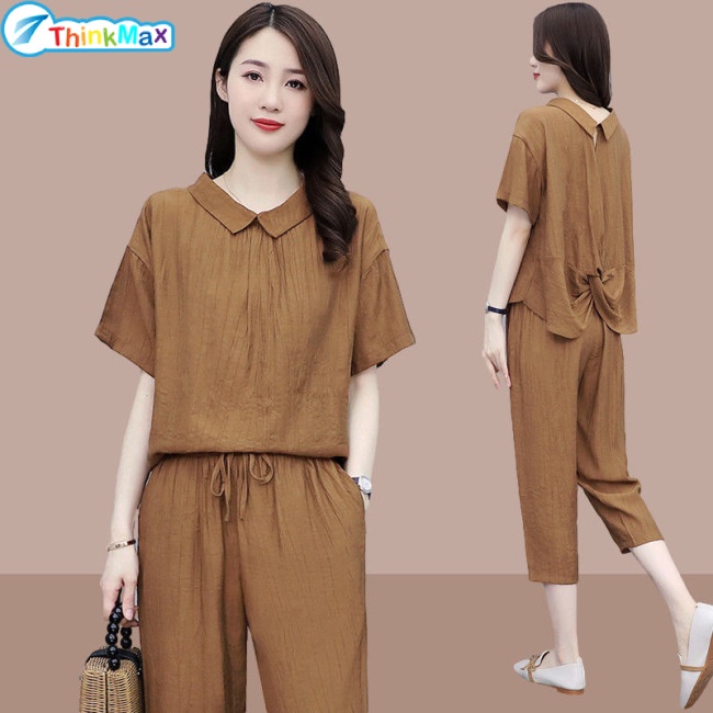 Set Đồ Mùa Hè 2 Món Gồm Áo Tay Cộc Và Quần Dài Dáng Rộng Bằng Cotton Lanh Màu Trơn Kích Thước Lớn