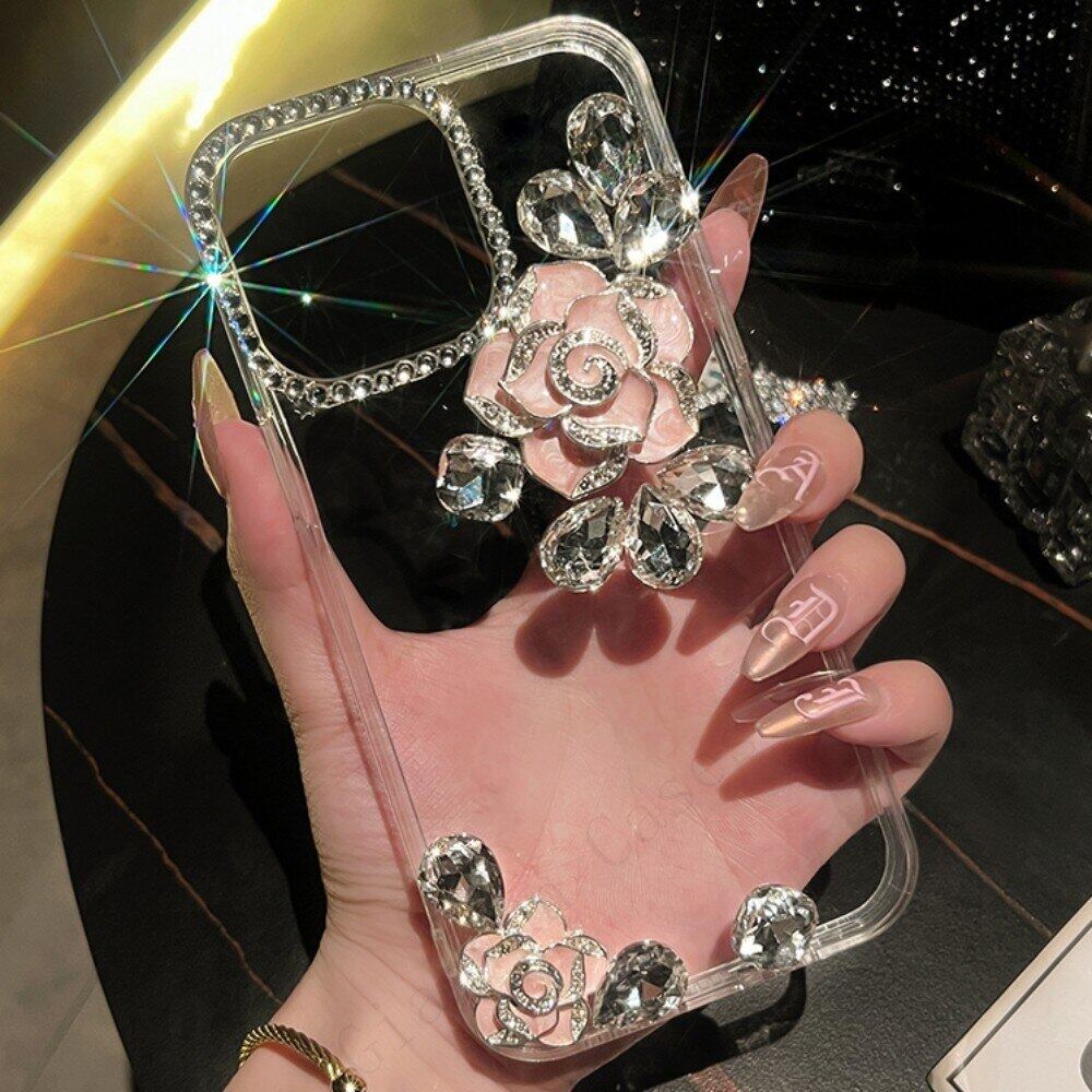 Ốp Điện Thoại Hình Hoa Trà 3D Đính Pha Lê Cho iphone 14 13 12 11 Pro Max X XS XR 7 8 Plus SE