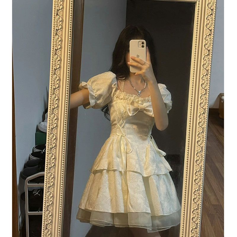 Đầm Ngắn Tay Phồng Đính Nơ Thời Trang Mùa Xuân Mới Cho Nữ