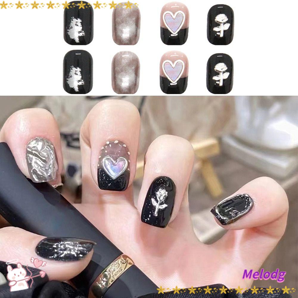 MELODG Bộ 24 Móng Tay Giả Bằng Kim Loại Dài Có Thể Tháo Rời