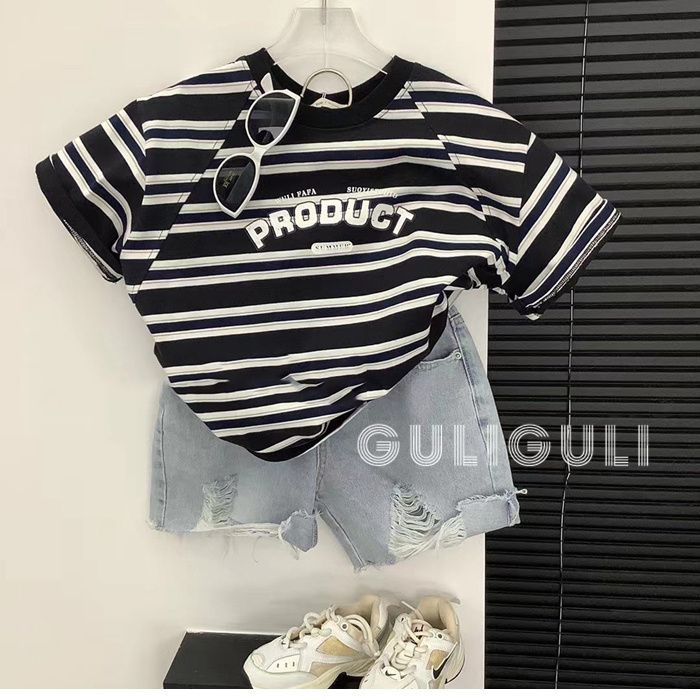 Áo Thun Dáng Rộng Họa Tiết Kẻ Sọc Phong Cách Hàn Quốc Thời Trang Mùa Hè Xinh Xắn Cho Bé