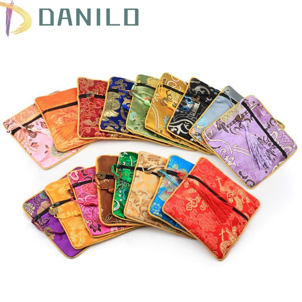 DANILO Túi Đựng Trang Sức Vải Lụa Màu Trơn Thêu Hoa Có Khóa Kéo Thời Trang