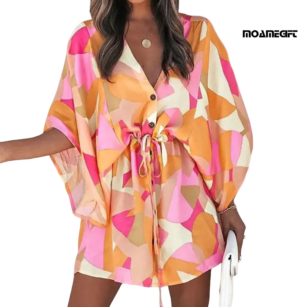 Đầm Tay Bay Cổ Chữ V In Họa Tiết Hình Học Dây Rút Thời Trang Mùa Hè