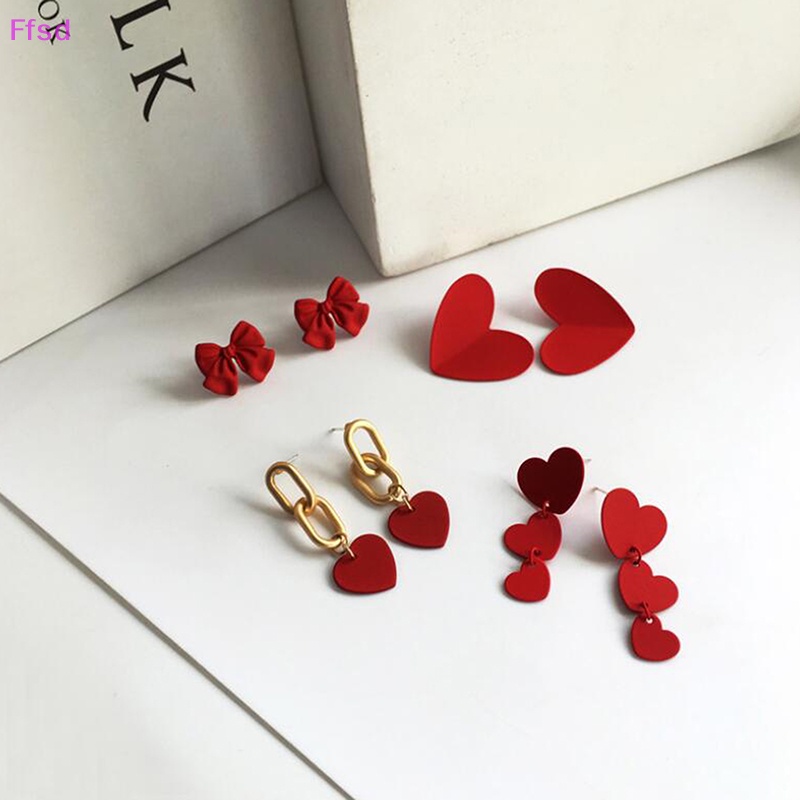 {Ffsd} Khuyên Tai Đinh Tán Hình Nơ Trái Tim Đỏ Thời Trang Ngọt Ngào Quà Tặng Ngọt Ngào Cho Nữ