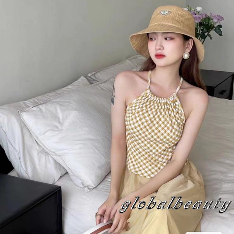 Áo Croptop Hai Dây Hở Lưng Họa Tiết Kẻ Sọc Thời Trang Mùa Hè Cho Nữ