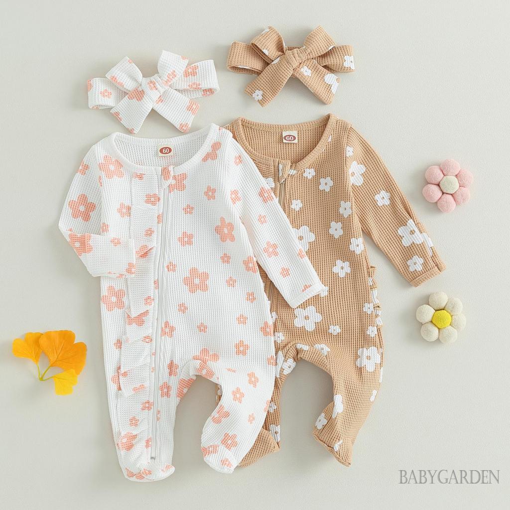 Bộ Áo Liền Quần Tay Dài In Hoa Hoạt Hình Khóa Kéo Trước + Băng Đô Nơ Dành Cho Bé Gái