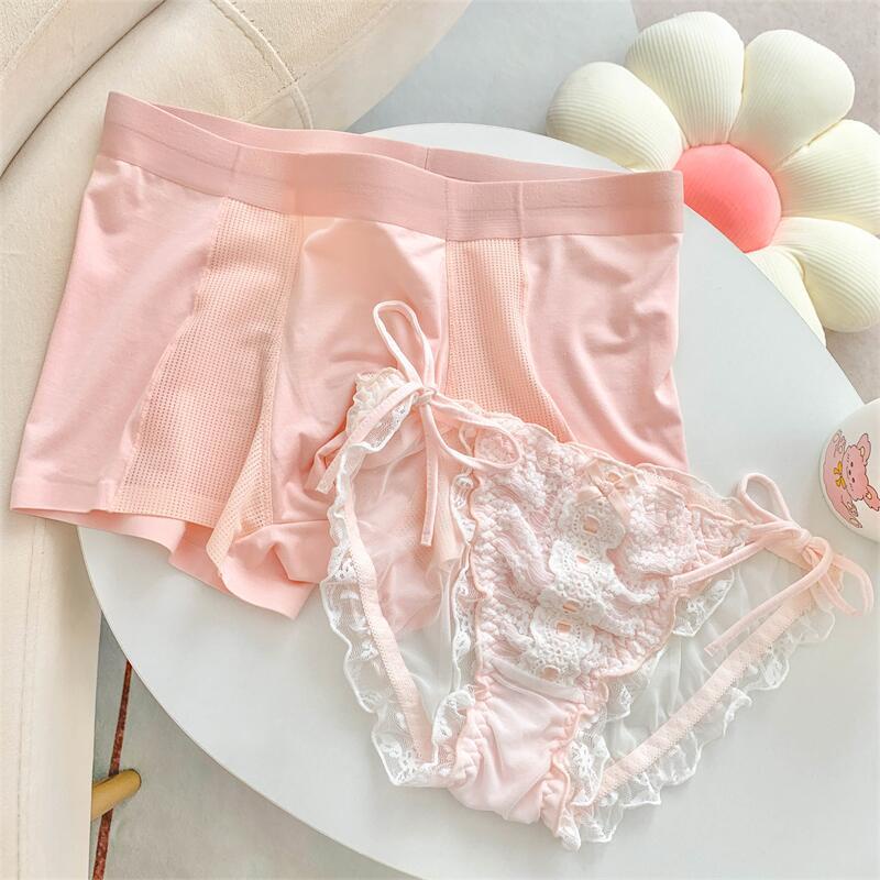 Quần Lót Cặp Đôi Màu Hồng Đáng Yêu ~ Năm Con Thỏ Màu Hồng Thuần Khiết Phong Cách Desire Buộc Dây