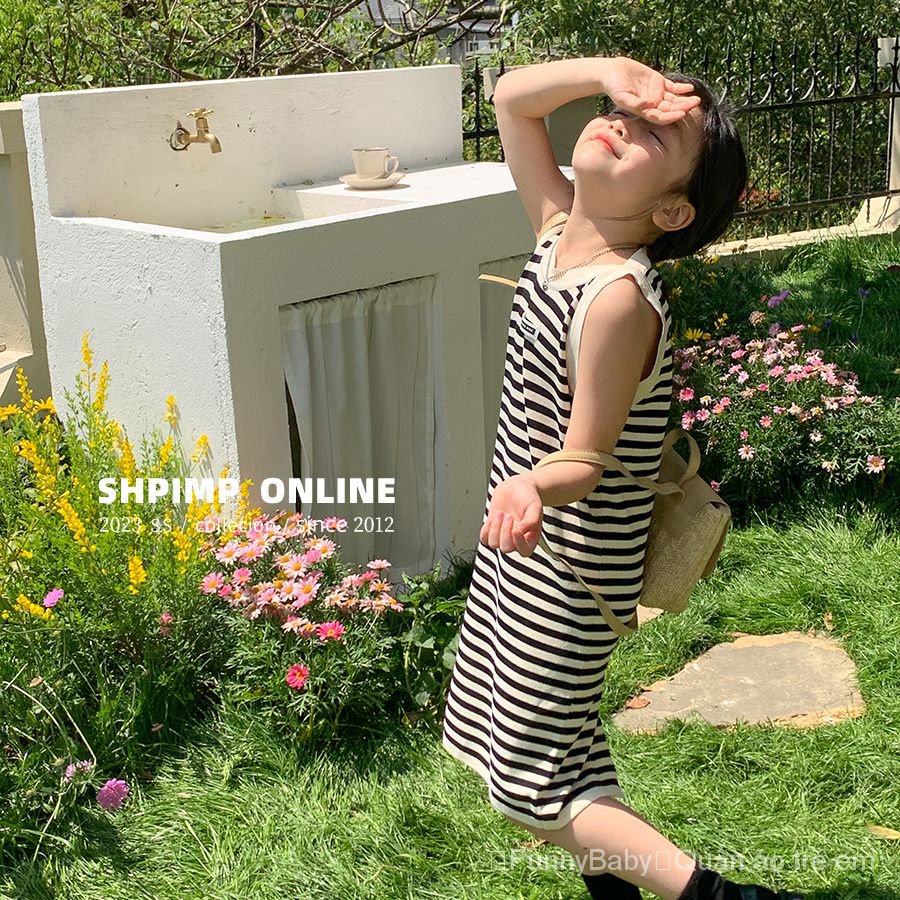 Đầm Không Tay 100% Cotton Họa Tiết Kẻ Sọc Thời Trang Mùa Hè 2023 Mới Cho Bé Gái