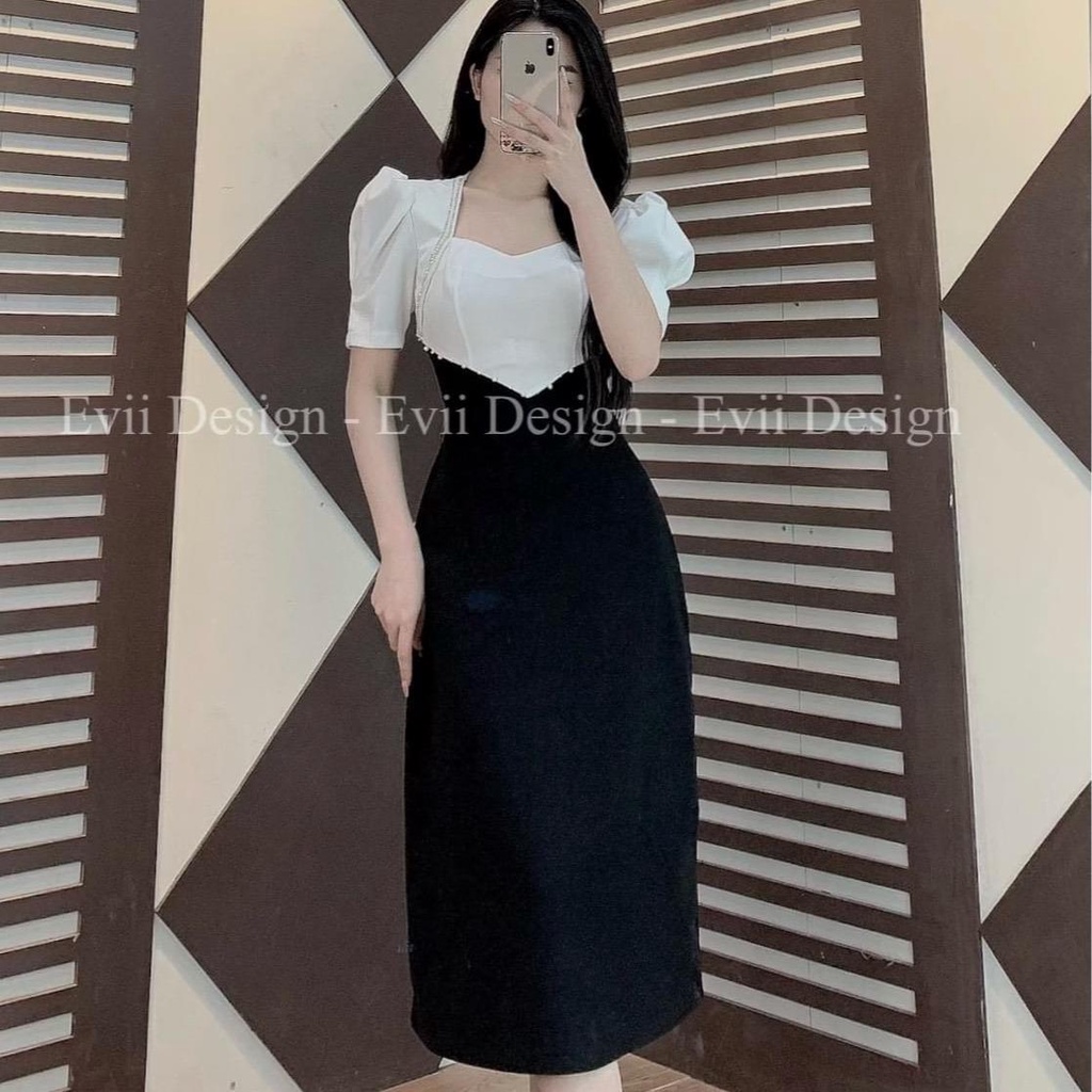 Đầm suông body đi tiệc chất mango tay bồng cổ vuông đính ngọc freesize A244 KimHoa77