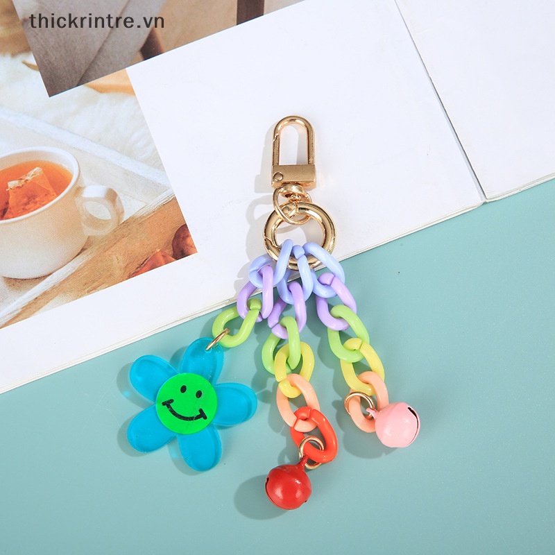 Móc Khóa Dây Xích Acrylic Mặt Hoa Biểu Tượng Cảm Xúc Màu Kẹo Kèm Chuông Thời Trang Sáng Tạo Dành Cho Bạn Nữ V