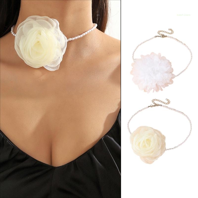 Vòng Cổ Choker Thiết Kế Mặt Hoa Đính Ngọc Trai Thanh Lịch Thời Trang Mùa Hè