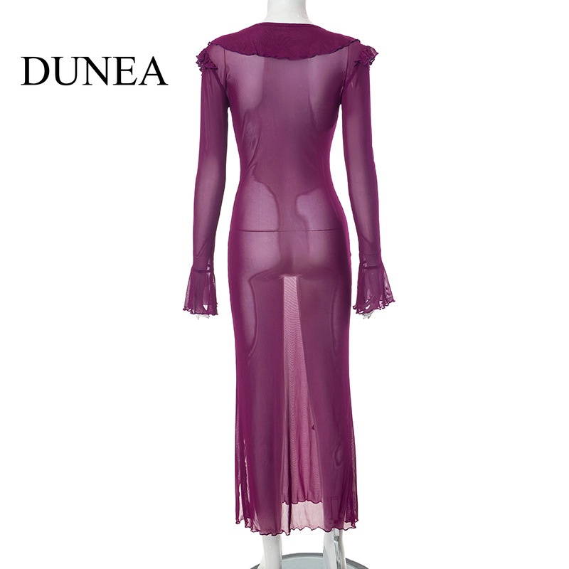 DUNEA Đầm Tay Loe Phối Lưới Xuyên Thấu Quyến Rũ Dành Cho Nữ