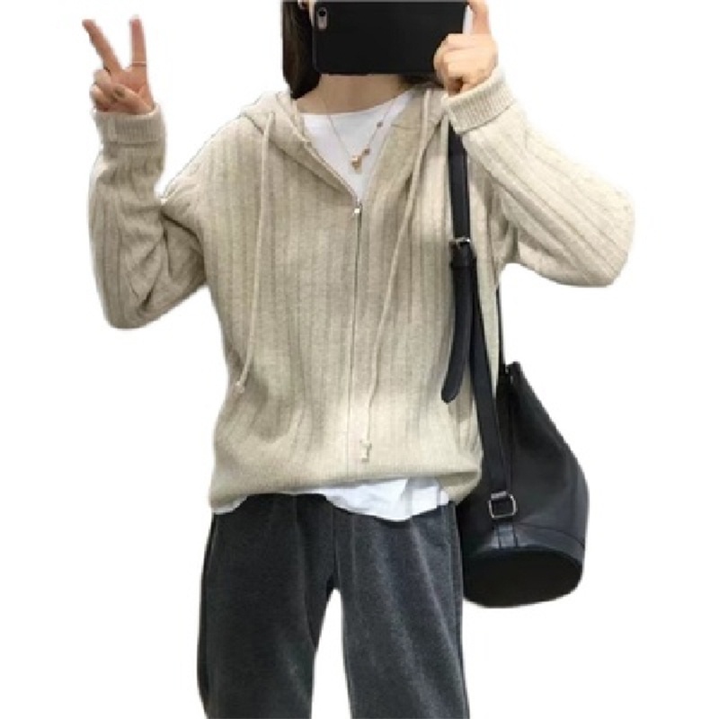 Áo Khoác cardigan Có Nón Dáng Rộng Và Khóa Kéo Thời Trang Thu Đông 2023 Mới