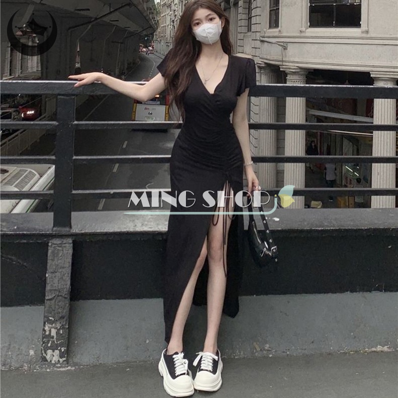 Đầm Dây Rút Cổ V Dáng Dài Xẻ Tà Thời Trang Mùa Hè Quyến Rũ Cho Nữ