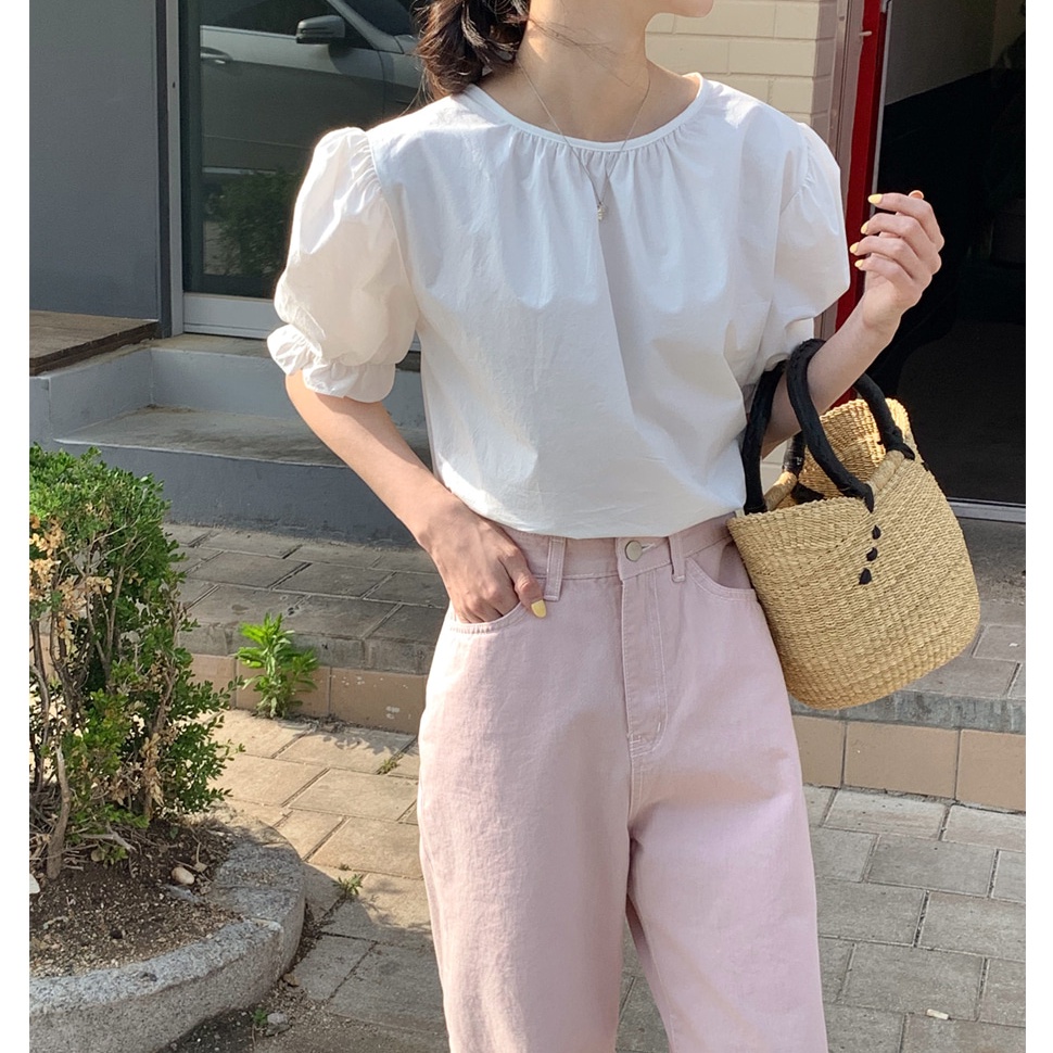 SUXI Áo Sơ Mi Tay Phồng Ngắn Màu Sắc Ngọt Ngào Phong Cách Hàn Quốc