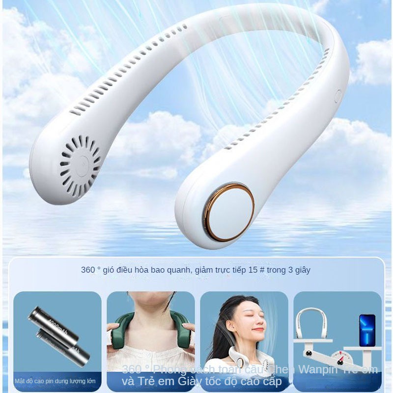Quạt Điện Đeo Cổ Không Cánh Ba Cấp Độ Sạc USB Siêu Bền2400mAhm quạt đeo cổ