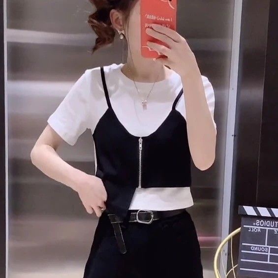 Áo Thun Ngắn Tay Giả Hai Lớp Phong Cách Ngọt Ngào Cho Nữ