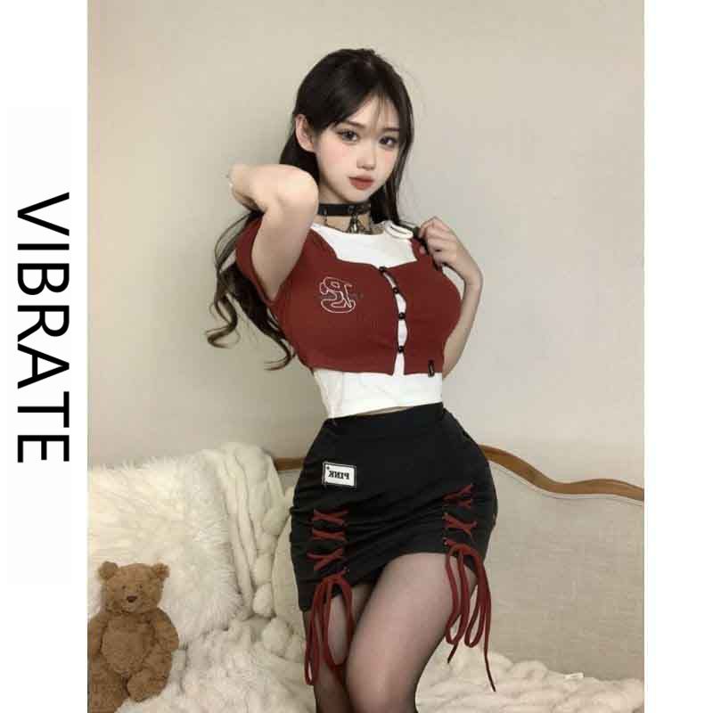 Áo Thun Ngắn Tay Giả Hai Lớp Phong Cách Hàn Quốc Cho Nữ