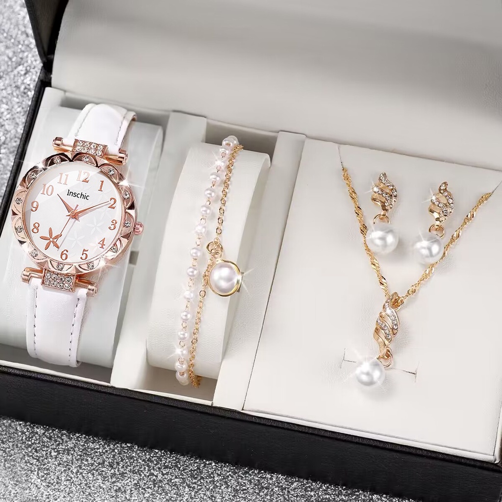 Đồng hồ đeo tay nữ hoa thời trang Dây da thông thường Đồng hồ thạch anh Bộ quà tặng trang sức | BigBuy360 - bigbuy360.vn