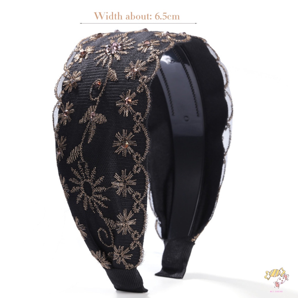 YADORNOS  Băng Đô Cài Tóc Bản Rộng Thêu Họa Tiết Đính Pha Lê