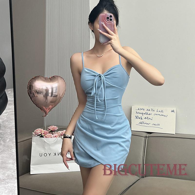 [] - Đầm Ngắn Hai Dây Ôm Dáng Màu Trơn Cổ Chữ V Gợi Cảm Cho Nữ