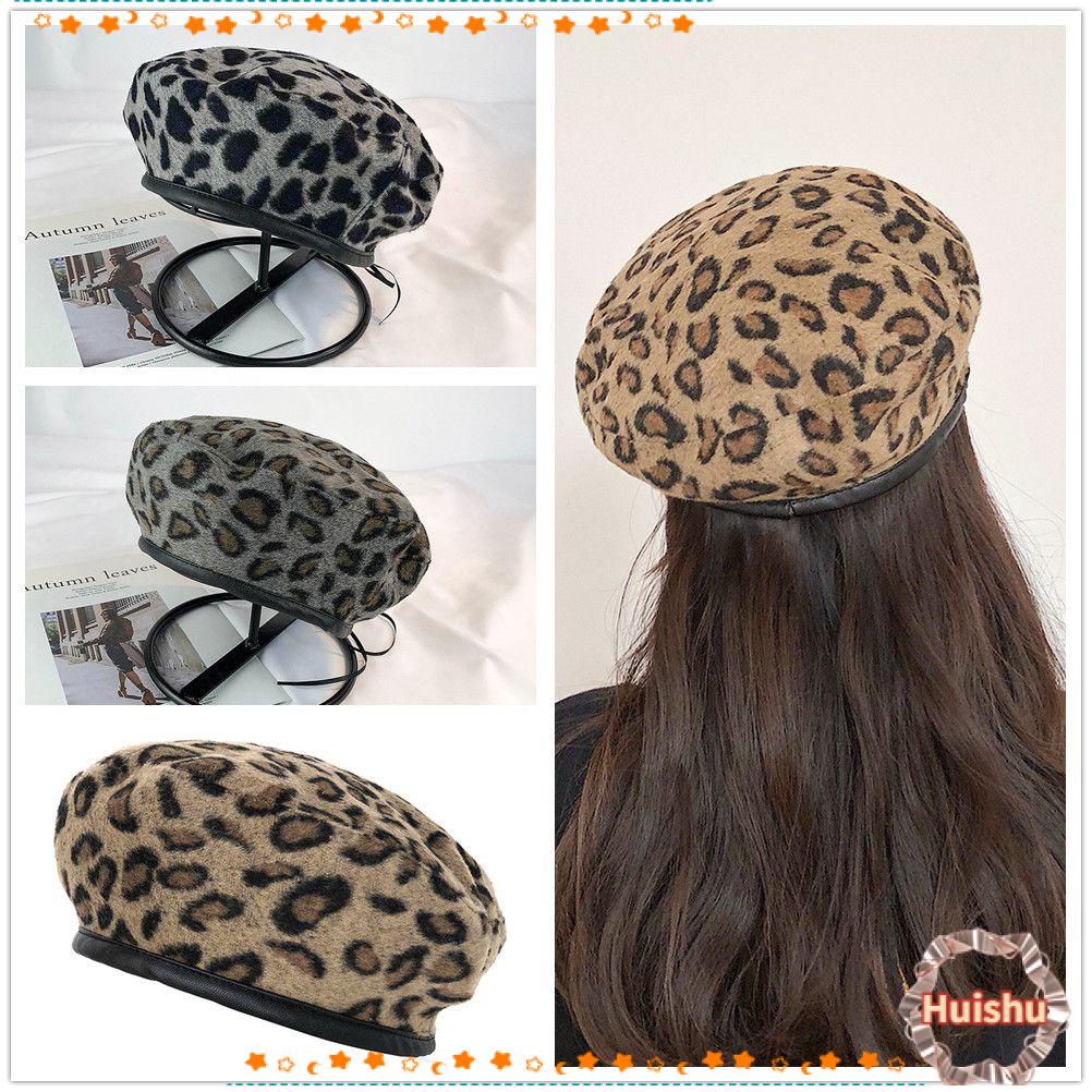 HS Mũ Beret Họa Tiết Da Báo Thời Trang Thu Đông Phong Cách Retro