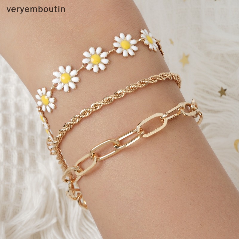 Bộ 3 Vòng Tay Họa Tiết Hoa Cúc Thời Trang Có Thể Điều Chỉnh Cho Nữ