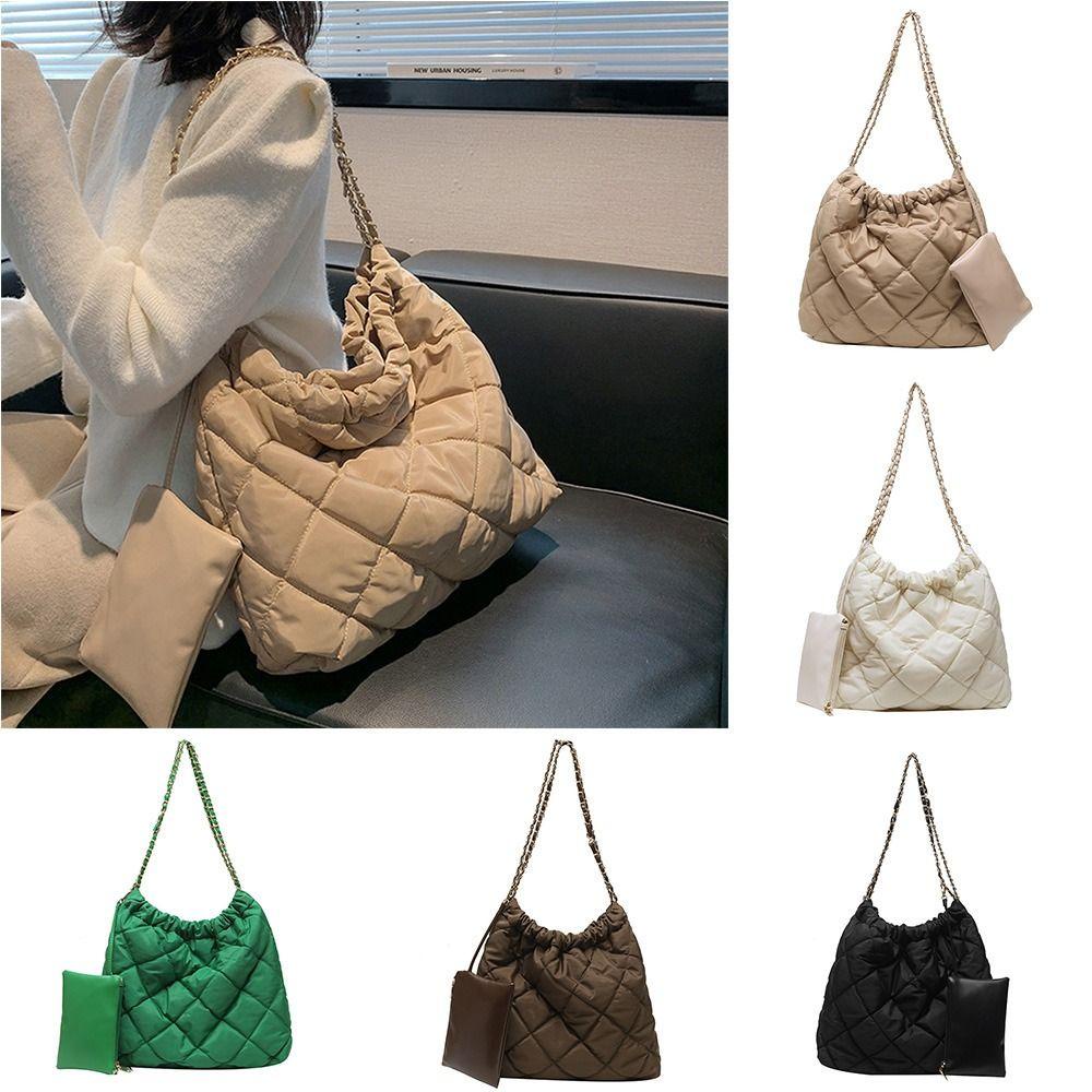 FALLFORBEAUTY Túi Xách Đeo Dưới Cánh Tay Bằng Cotton Họa Tiết Kẻ Lưới Hình Thoi Màu Trơn Đơn Giản Kèm Ví Tiền Xu Cho Nữ