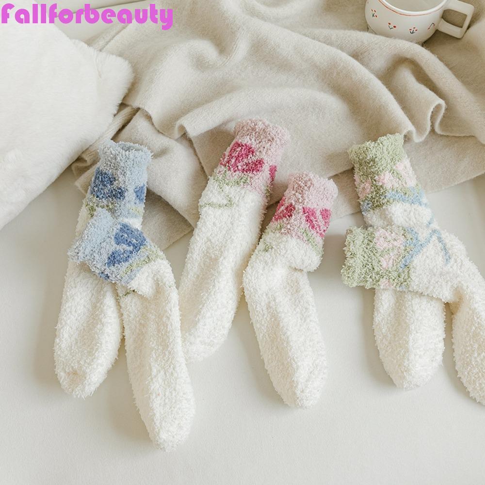 FALLFORBEAUTY Vớ Cổ Trung Dày Dặn Thoải Mái In Họa Tiết Hoa Tulip Dễ Thương Thời Trang Mùa Thu Cho Nữ