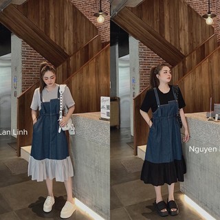 Bigsize Đầm thun jeans phối yếm dáng dài 55-95kg