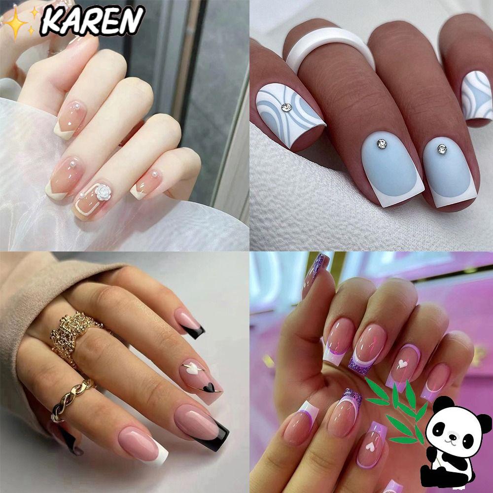 KAREN Set 24 Móng Tay Giả Dạng Nhấn Gợn Sóng Màu Xanh Dương Phong Cách Pháp