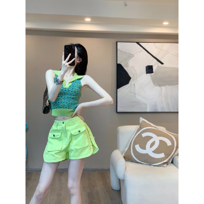 New lapel camisole for girls design sense niche interior fluorescent color tooling shorts suit all-match neck top T-shirt shorts two-piece suit