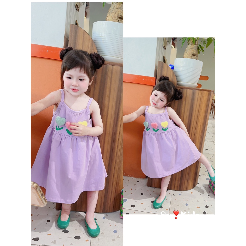 Váy cotton 2 dây đính tim nổi cực xinh cho bé gái - VCSN