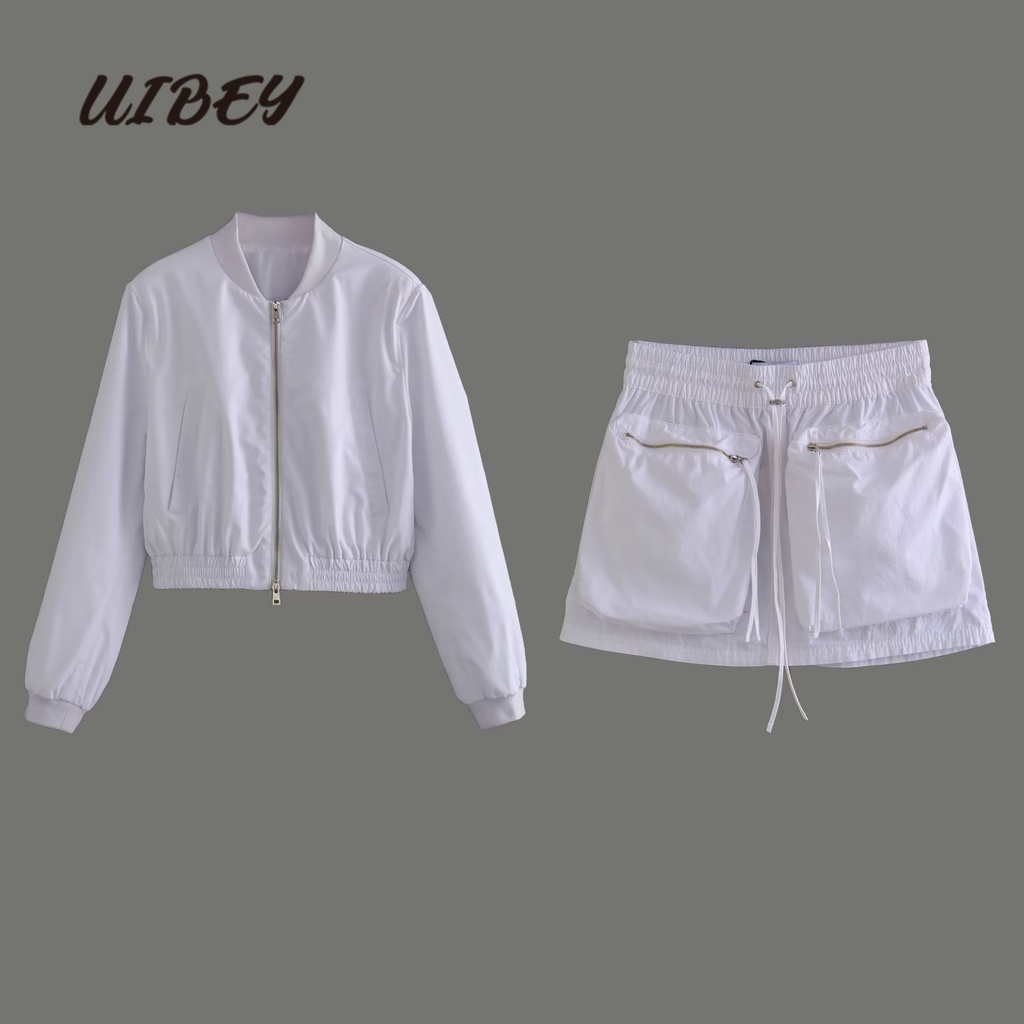 Uibey Set Áo Khoác Cổ Đứng Phối Chân Váy Ngắn Thời Trang 8974