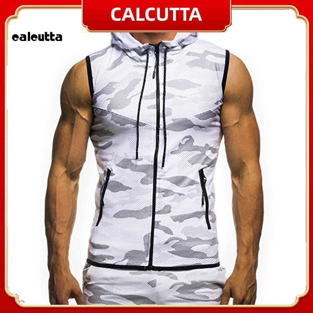 [calcutta] Áo Ba Lỗ Không Tay Có Mũ Trùm Đầu Và Dây Kéo Họa Tiết Rằn Ri Mùa Hè Cho Nam