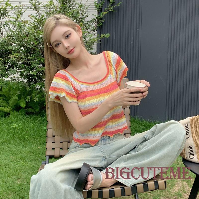 Áo Thun Lửng Ngắn Tay Họa Tiết Sọc Ngang Thời Trang Dành Cho Nữ