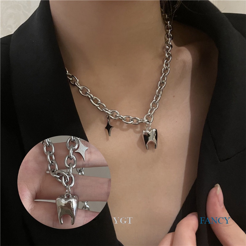 Ygt Vòng cổ Bằng Thép Titan Không Gỉ Dày Mặt Hình Chiếc Răng Vui Nhộn Phong Cách Hip Hop Unisex