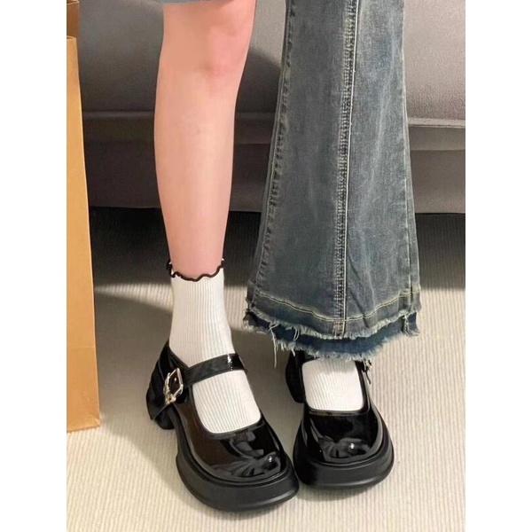 Giày Da Mary Jane Màu Đen Đế Dày Tăng Chiều Cao Phối Khóa Kim Loại Phong Cách Retro 2023 Cho Nữ