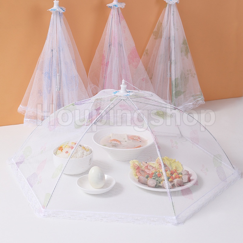 Lồng Bàn Thiết Kế Hình Dù Viền Ren Lưới Thoáng Khí Phong Cách Vintage Ốp