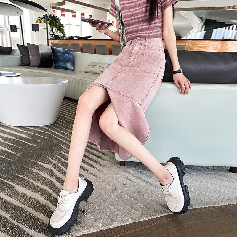 Chân Váy Jean Dài Xẻ Tà Lưng Cao Màu Hồng Phong Cách Mới Dành Cho Nữ